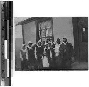 Supreme chief J. Dalindyebo, I. Nxasana and braiding students, South Africa East, 1929-04-24