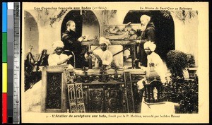 Men working in a woodcarving workshop, Rajasthan, India, ca.1920-1940