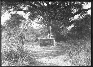 European woman sitting next to a grave, southern Africa