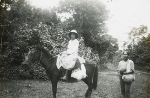 Miss Annie G Soper on horseback, Peru, ca. 1947