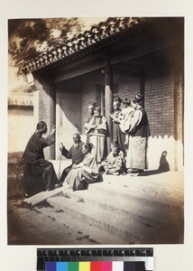 Group of men, women and children on verandah of Russian Legation, Beijing, China, ca. 1861-1864