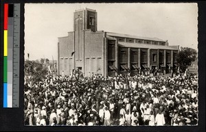 Crowd assembled in front of cathedral at Koudougou, Burkina Faso, ca.1960-1970