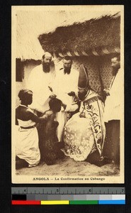 Mitred bishop and missionaries perform confirmation, Angola, ca.1920-1940