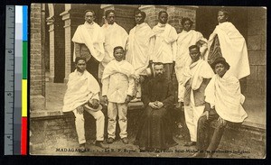 Local teachers and missionary father at mission school, Madagascar, ca.1920-1940