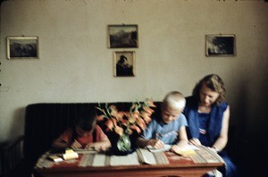 Olav, Arne and Else Heggheim in the living room, Bankim, Adamaoua, Cameroon, 1955-1962