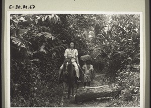 En route along a path through the bush. A horse is a great help on journeys in the mountainous district of Dikume