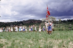 Missionaries parading, the Duru falaise, Adamaoua, Cameroon, 1953-1968