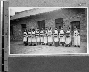 Finished yarn on display at Harwood Bible Training School, Fenyang, Shanxi, China, ca.1936-37