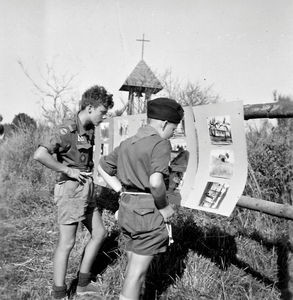 KFUM spejdernes Korpslejr på Bornholm, 1955. Spejdere studerer en række fotografier fra hospitalet i Ndolage, Tanganyika/Tanzania. (Anvendt i: Dansk Missionsblad nr 16/1955)