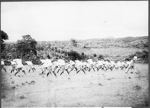 Athletic exercises being done by the seminarists of the teachers' seminar, Marangu, Tanzania, ca. 1927-1938