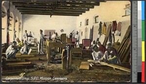 Young men working in a carpenter's shop, Cawnpore, India, ca.1914