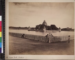 View of temple across lake, Madurai, Tamil Nadu, India, ca.1880-1890