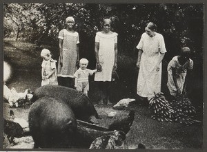 Missionary wife Fritze with others amidst her husbandry, Tanzania, ca.1926-1940