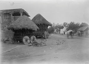 Fra gaden i Tirukoilur, Arcot, Sydindien. Til venstre de klodsede tempelvogne. Til højre i baggrunden vort missionshus med læseværelse