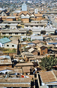 Mission at the bottom - City Mission in Madagascar. The church in the background, the so-called