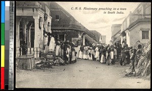 Missionary preaching to a group of people, India, ca.1920-1940