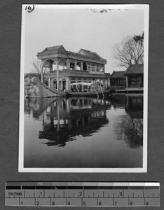 Boat moored to marble boat at Summer Palace, Beijing, China, ca.1930