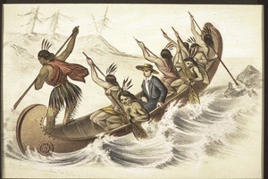 A missionary to the Indians travels up some rapids in a canoe