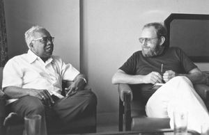 Orissa, India.Jeypore Evg. Lutheran Church/JELC, 1983. Bishop Jacob Nag in conversation with Mi