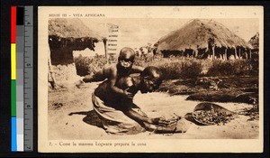 Woman with child preparing meal, Central African Republic, ca.1927