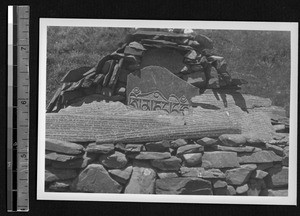 Marker of holy site, Tibet, China, ca.1941