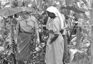 DMS missionær, cand. theol. Ida Kongsbak med lokale folk midt i en bananlund. Lukajanga, Tanzania