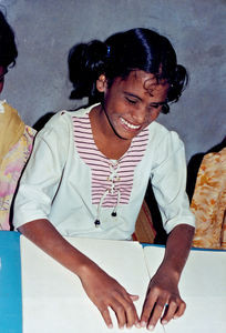 Tamil Nadu, South India. Siloam Girl's Boarding School, Tirukoilur. A blind student learning to