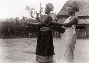 Tuke and Mowue, two of the king's wives playing guitar, in Cameroon