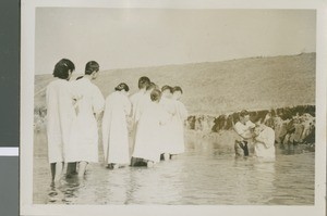 Baptizing twenty Koreans in the river, Seoul, Korea, 1954