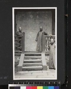 Portrait of three men, David Hill's house, China, ca. 1937