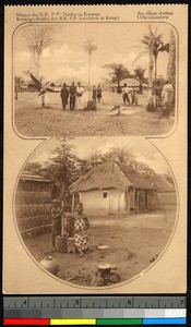 People standing in a village and working a mortar and pestle, Kisantu, Congo, ca.1920-1940