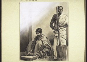 Domestic work in Malabar (India). Stamping rice and grinding