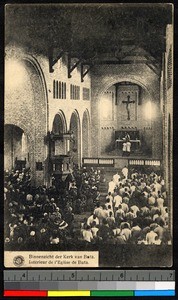 Elevated interior view of a church during Mass, Congo, ca.1920-1940