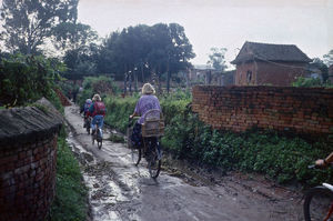 Den Norske Skole i Kathmandu, Nepal, 1991. Skolevejen er små stier, der er glatte og mudrede i regntiden