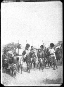 African boys with headgears and sticks, southern Africa, ca. 1880-1914