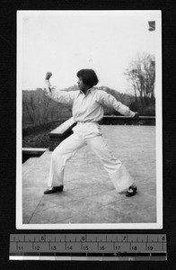 Woman practicing Chinese boxing, Nanjing, Jiangsu, China, 1937