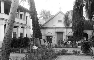 Ziegenbalgs garden, Tranquebar. The house on the left is Ziegenbalgs own house. The Building at