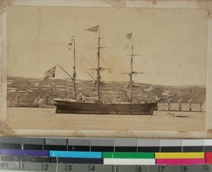 The Mission ship "Elieser" along the Stavanger harbor quay, Norway, ca.1865