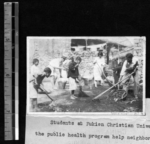 Street cleaning campaign at village near Fukien Christian University, Fuzhou, Fujian, China, ca.1936