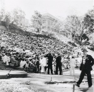 Welcome of the reverend Boegner in the open-air theatre of Antsahamanitra in Antananarivo, Madagascar