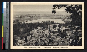 Aerial view of homes, buildings, and a lake, Antananarivo, Madagascar, ca.1920-1940