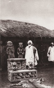 Bamum king in front of his throne, in Cameroon