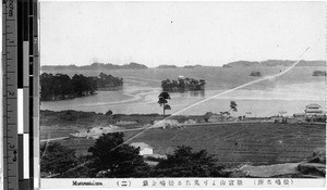 Aerial view of islands and a village, Matsushima, Japan, ca. 1920-1940