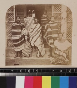 Group portrait Malagasy men and missionary's daughter, Madagascar, ca. 1865-1885