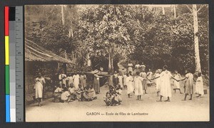 Female schoolchildren playing outdoors, Gabon, ca.1920-1940