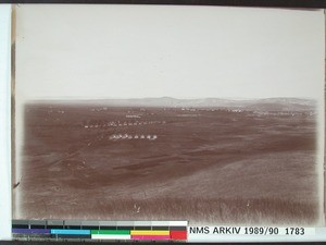 A very good survey picture of Antsirabe seen from the foot end of the Vohitra mountains and Ambohipiantrana in the foreground, Antsirabe, Madagascar, 1900