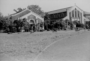 Church and library of Kyushu Boy's School ("Kyushu Sakum") in Kumamoto, Japan 1960. (Used in th