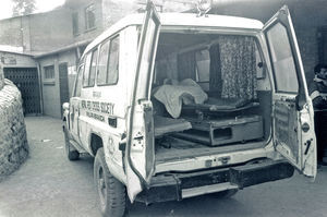 Nepal, October 1991. The new ambulance outside the United Mission Hospital Tansen, Palpa