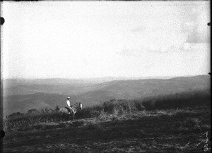 Jules Dentan riding a horse, Lemana, Limpopo, South Africa, ca. 1906-1907