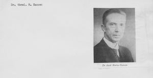 Dr. theol. Marius Hansen. Sognepræst ved Sct. Johanneskirken. Formand for Landsstyrelsen 1935-49